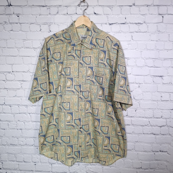 Vintage Renaissance Style Patterned Blue/Green XL Mens Short-sleeved Shirt - Picture 2 of 6